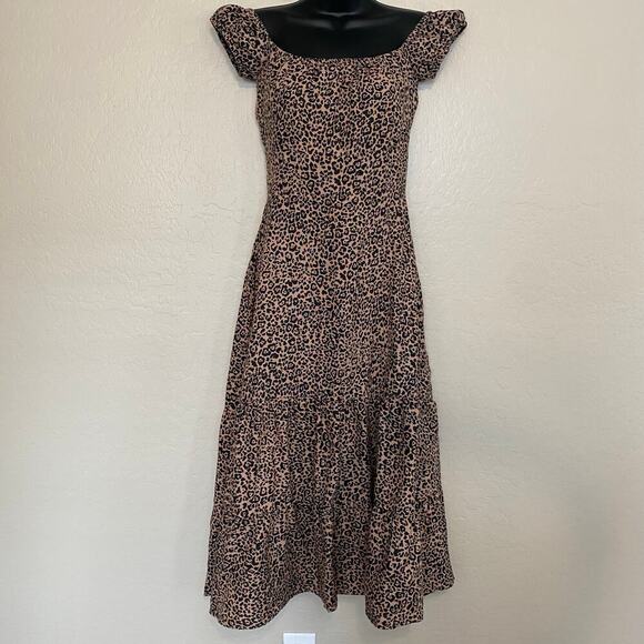 Reformation Toulouse Leopard Midi Dress Womens Sz 2 100% Linen Tiered Smocked - Picture 3 of 7